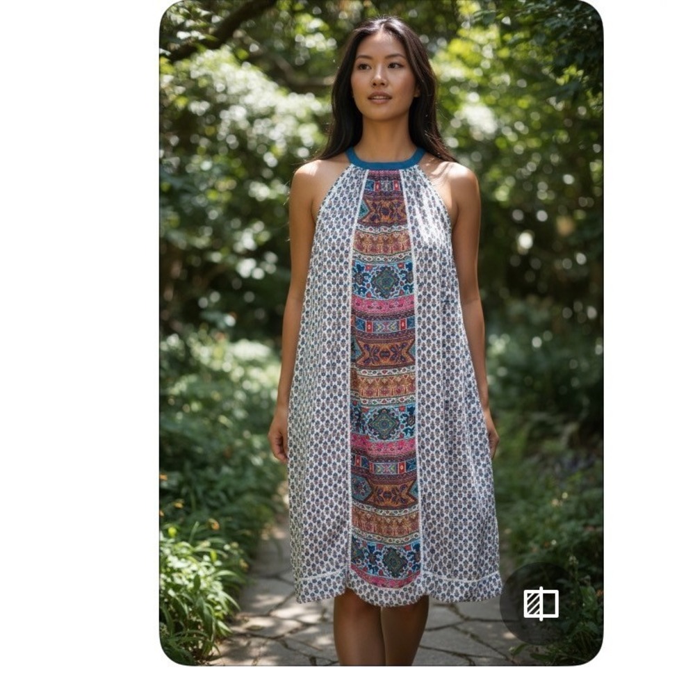 Tolani Silk Shift Dress Large L Blue Pink Boho Mixed Print Sleeveless V-Neck